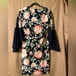 Shelby & Palmer Floral Flare Sleeve Dress - Navy and Pink